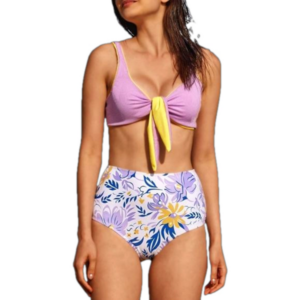 Jollkichay Purple & Yellow Knot‎ Tie Top with Floral High Waisted Bottom Bikini